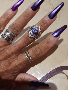 Solid terling Silver Tanzanite CZ Bridal 3 Ring Set Size 7